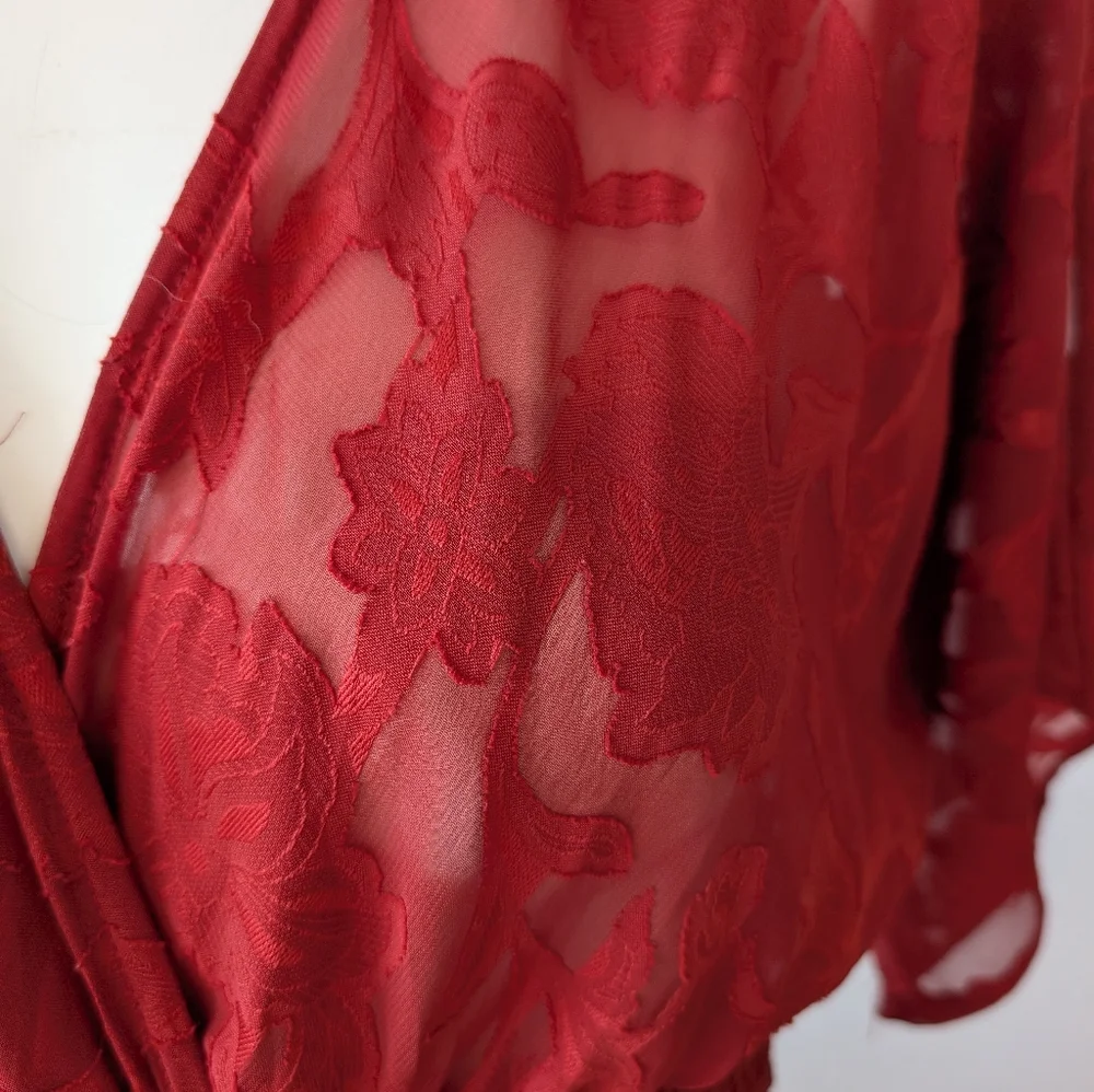 Miami Deep Rust Sheer Floral Patterned Maxi Length Bohemian Hippie DRESS sz S